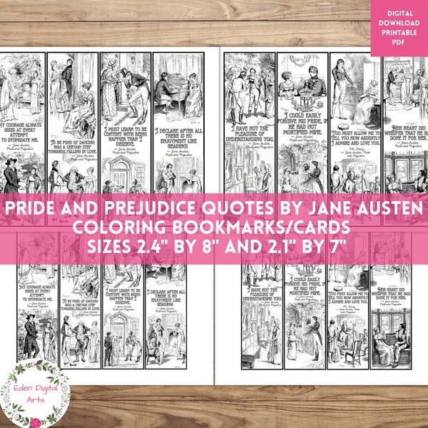 Pride and Prejudice Quotes by Jane Austen Coloring Bookmarks, Literary DIY Gift Tags Cards, Book Club Class Library Colouring Activity, PDF