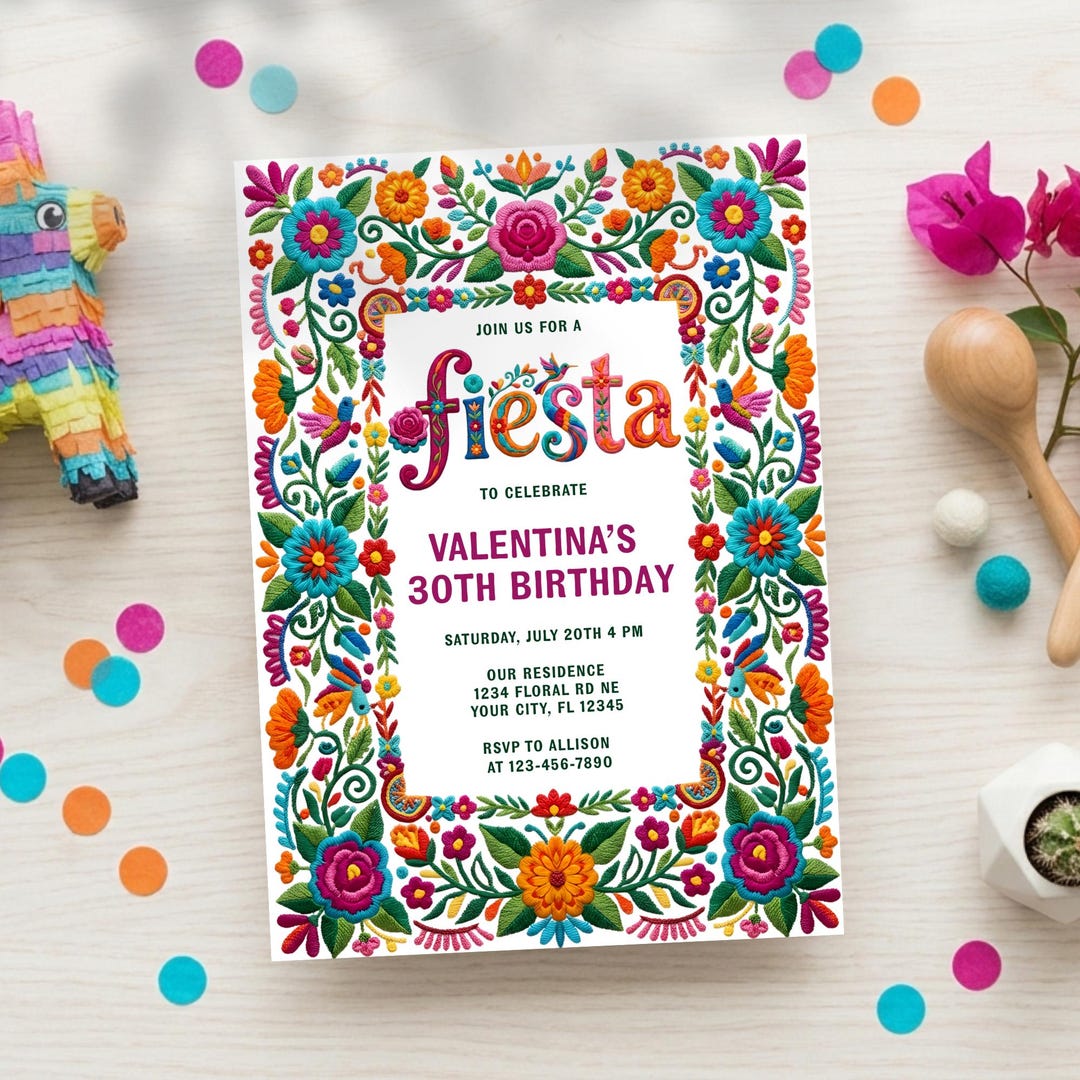 Colorful Fiesta Birthday Invitation Template Canva Editable Floral Folk ...