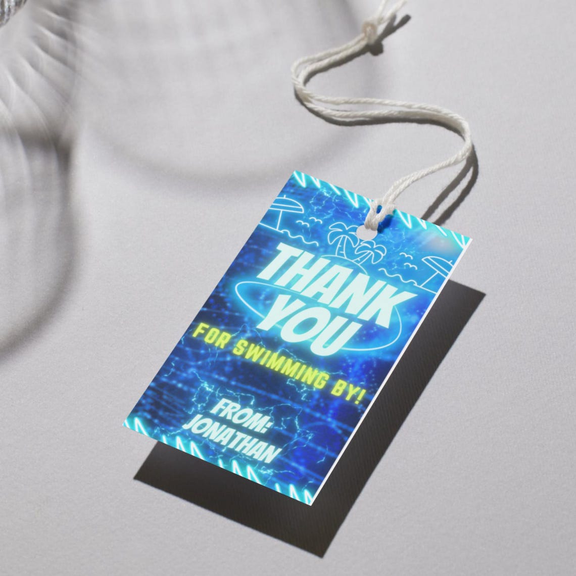 Editable Pool Party Favor Tag Template Blue Neon Glow Boy Birthday Gift ...