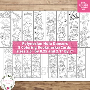 Puede incluir: Ocho páginas para colorear en blanco y negro con bailarinas de hula con flores en el pelo. Las páginas están diseñadas como marcadores o tarjetas e incluyen el texto "Aloha" y otras imágenes de temática hawaiana. Las páginas miden 2,5 pulgadas por 8,25 pulgadas y 2,1 pulgadas por 7 pulgadas.