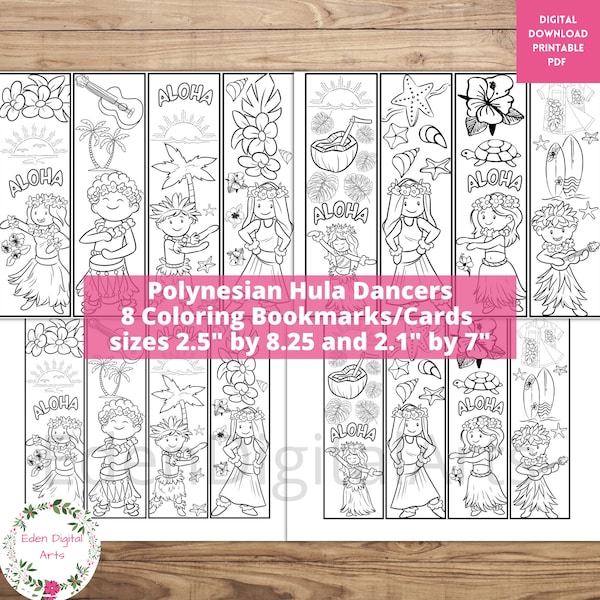 Hawaiian Tropical Luau Party Coloring Bookmarks, Hula Dancers AAPI Heritage Craft, Pacific Islander Culture Appreciation Favors Cards PDF