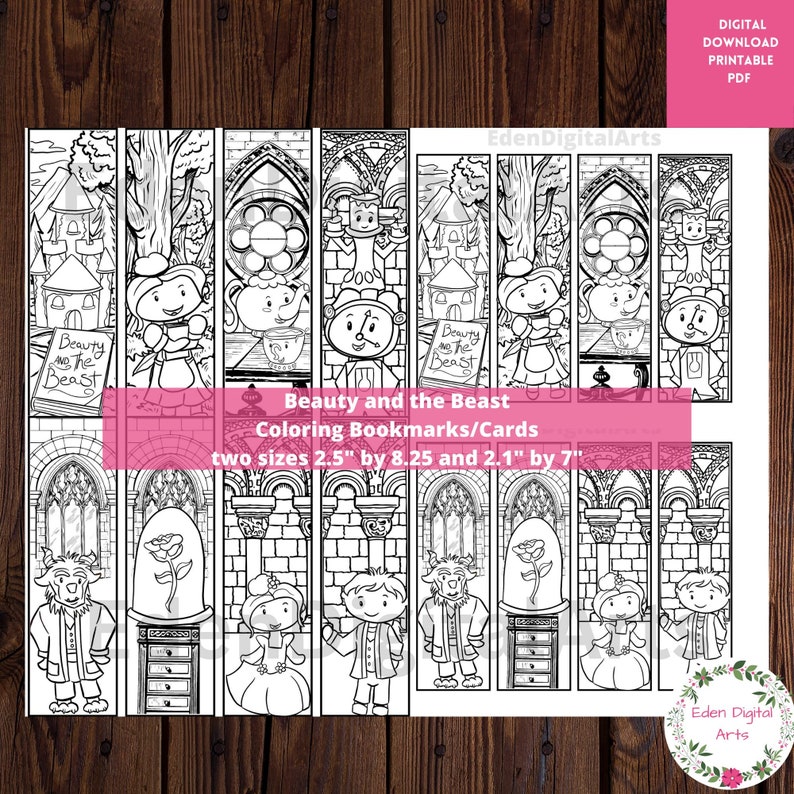 May include: Black and white printable colouring bookmarks or cards featuring characters from the fairy tale Beauty and the Beast. The bookmarks are 2.5 inches by 8.25 inches and 2.1 inches by 7 inches.