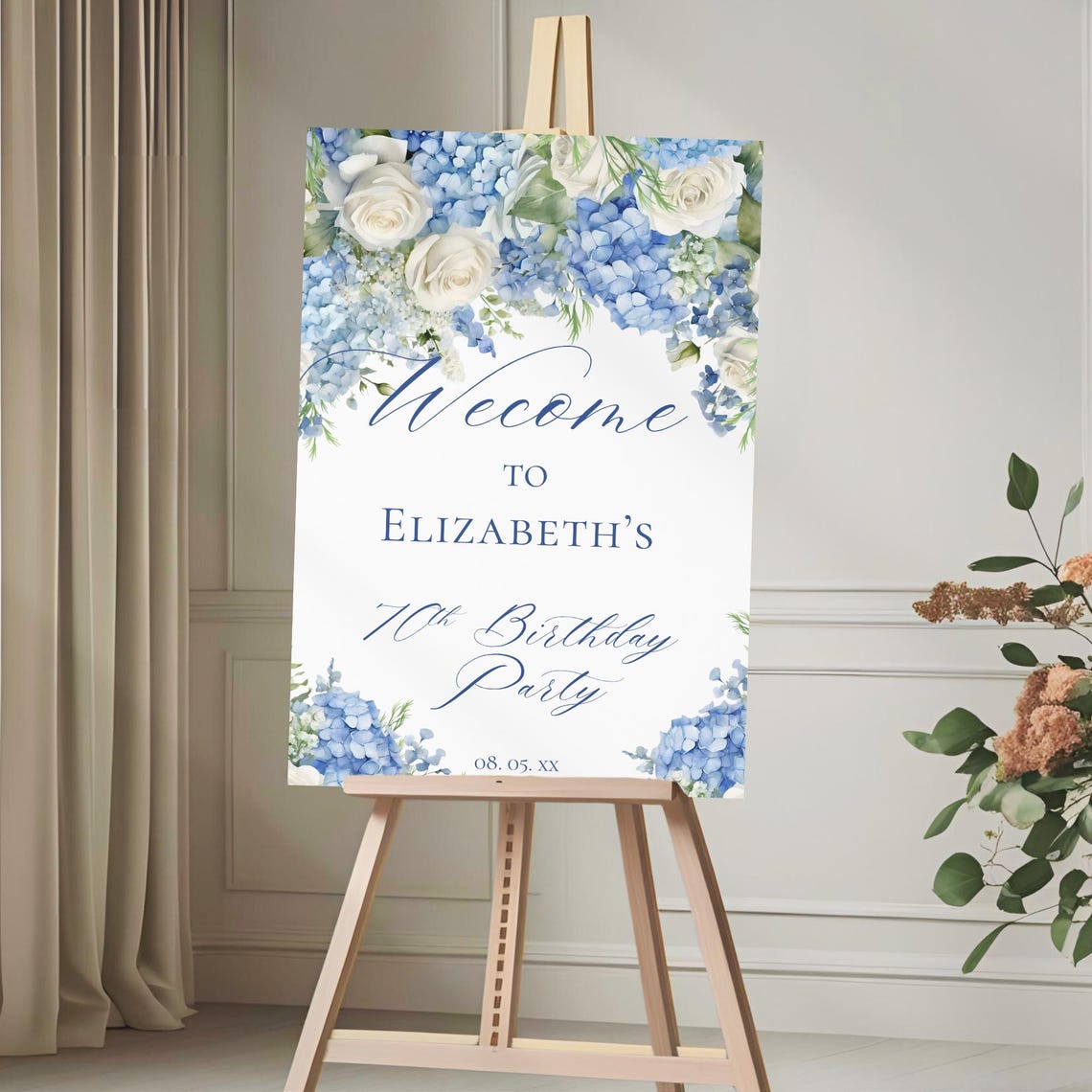 Elegant Blue Hydrangea Welcome Sign Template Editable Watercolor Floral ...