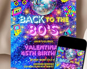 Editable Back to the 80s Birthday Party Invitation Template Purple Pink Neon Glow Retro 90s Invite