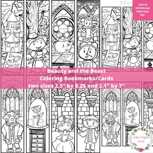Segnalibri da colorare "La Bella e la Bestia" per bambini, biglietti da visita per club letterari, bomboniere kawaii, attività rilassante, etichette regalo di Belle in formato PDF