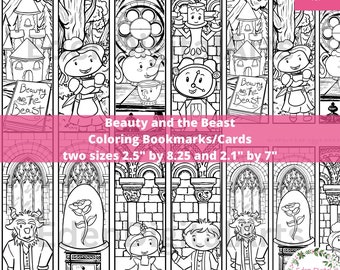 Beauty and The Beast Coloring Bookmarks for Kids, Literary Book Club Cards, Kawaii Party Favors Relaxing Activity Craft, Belle Gift Tags