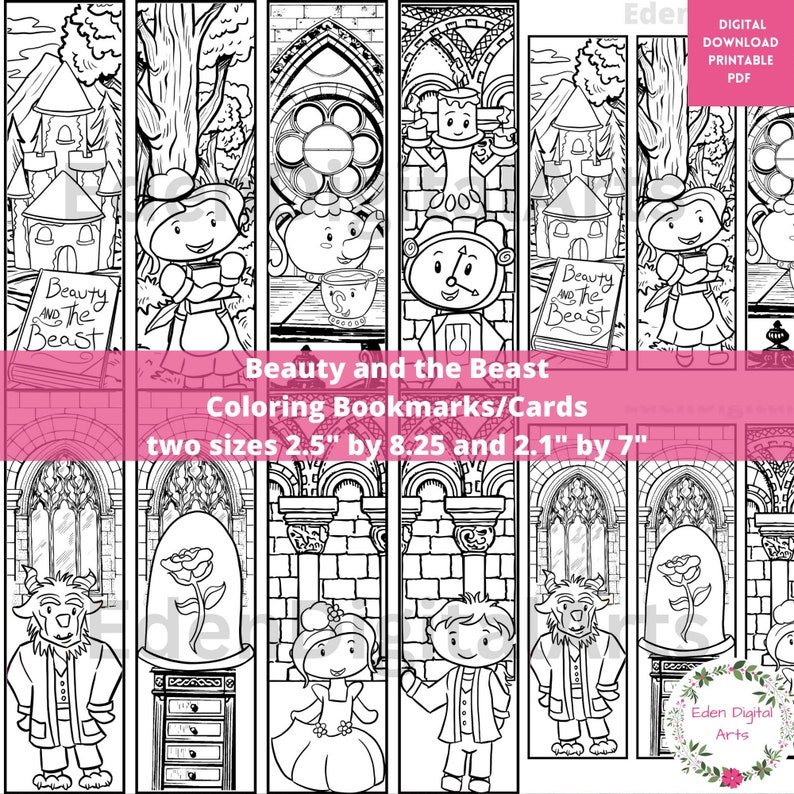 May include: Black and white printable colouring bookmarks featuring characters from the Disney movie Beauty and the Beast. The bookmarks are available in two sizes: 2.5 inches by 8.25 inches and 2.1 inches by 7 inches.