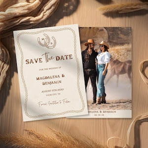 May include: A rustic wedding invitation suite featuring a 'Save the Date' card and a photo card. The 'Save the Date' card has a horseshoe and rope border design with the names Magdalena & Benjamin, and the date August 5th 20XX. The photo card shows a couple with a horse.