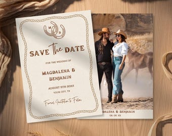 May include: A rustic wedding invitation suite featuring a 'Save the Date' card and a photo card. The 'Save the Date' card has a horseshoe and rope border design with the names Magdalena & Benjamin, and the date August 5th 20XX. The photo card shows a couple with a horse.