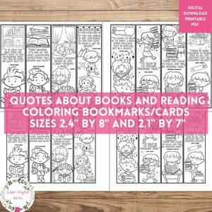 Famous Book Reading Quotes 8 Cute Coloring Bookmarks for Kids, Classroom Library Colouring Activity Craft Cards, Camp Back to School PDF