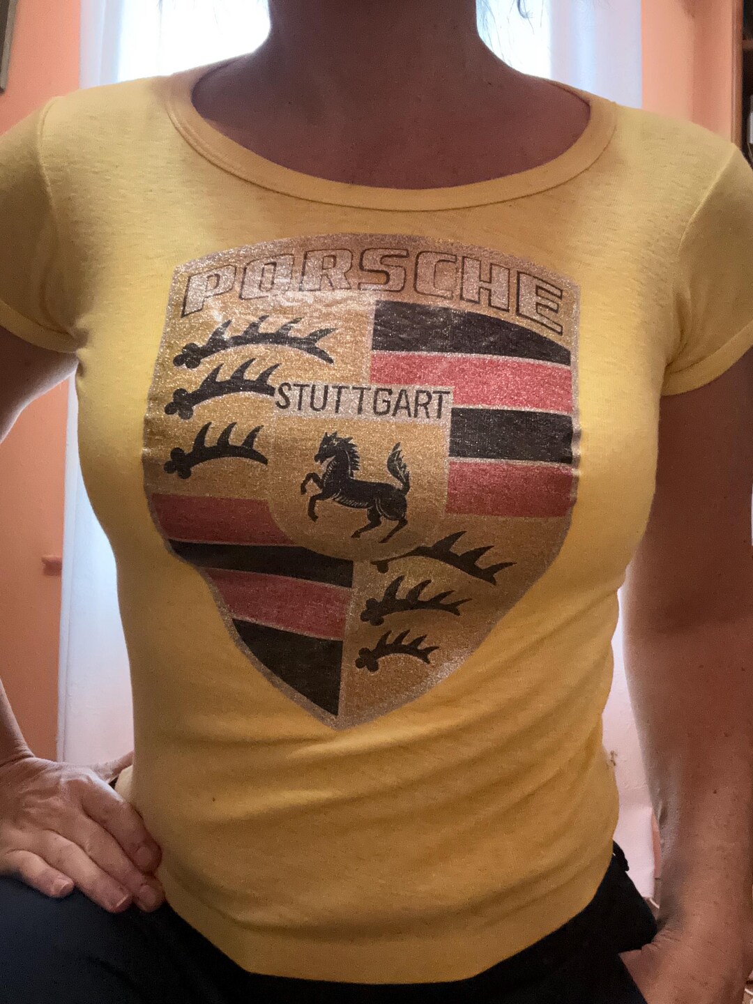 Vintage Porsche graphic off shoulder top