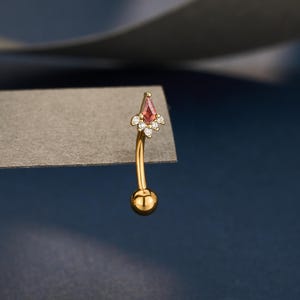 May include: A gold-toned curved barbell body jewelry piece featuring a kite-shaped red gemstone at the top, accented by four small clear stones arranged in a fan pattern, and finished with a smooth, round gold-toned ball at the bottom end.