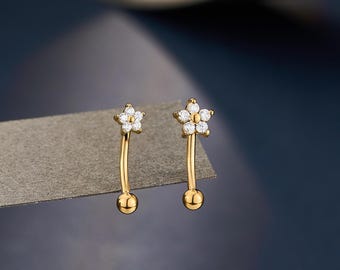 16G Floral CZ Gold Rook Curved Barbell/Rook Piercing/8mm Eyebrow Ring/1PCS Eyebrow Jewelry