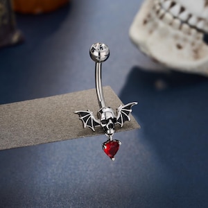 Piercing nombril Halloween tête de mort avec zircon cubique 14G / Barre de nombril courbée de 10 mm / Barre de nombril rubis avec zircon cubique / 1 piercing nombril