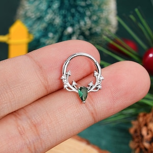 16G Antler Green CZ Septum Ring/Daith Earring/Emerald CZ Cartilage Hoop/Helix Piercing/Septum Jewelry/Conch Hinged Clicker/Christmas Gift