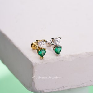 925 Sterling Silver Tiny Gold Heart Cartilage Stud/16g Emerald CZ stud Earring/Helix Piercing/Conch Stud/Tragus Jewelry/Dainty Earrings/Gift