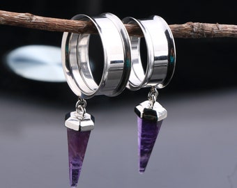 Pair Dangle Amethyst Ear Plugs/Natural Stone Ear Gauges/Stainless Steel Ear Tunnel/Single Flare Tunnel Gauges/Gauge Plugs 0g, 00g, 9/16"