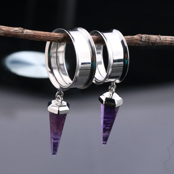 Pair Dangle Amethyst Ear Plugs/Natural Stone Ear Gauges/Stainless Steel Ear Tunnel/Single Flare Tunnel Gauges/Gauge Plugs 0g, 00g, 9/16"