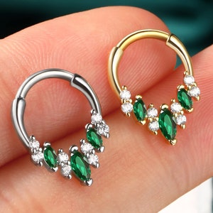 16g Green Gem Helix Earring, 8mm Cartilage Hoop, Daith Piercing, Nose Hoop, Surgical Steel Septum Ring, Hinged Ring,  Helix Piercing Jewelry