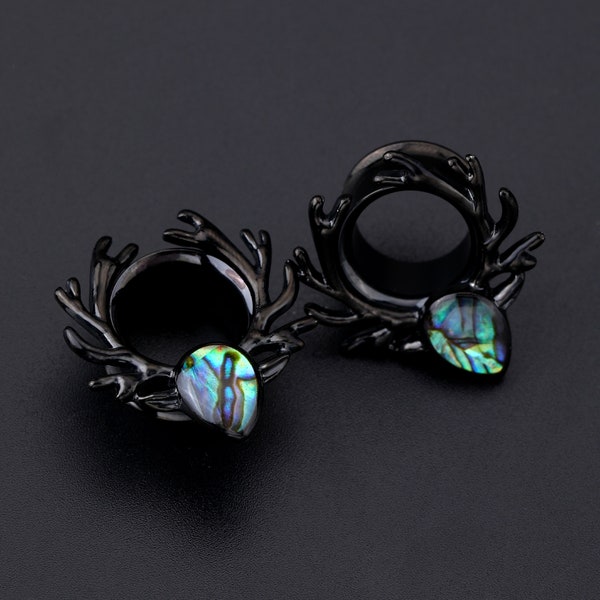 Black Plug Gauges/Abalone Shell Plug Earring/ 9/16" Stainless Steel Tunnels and Plugs/Single Flare Gauges/Elk Ear Plug/5/8" Ear Expanders