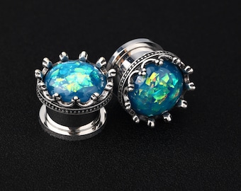 1 Pair Opal Plug Earrings/Vintage Ear Gauge Plugs/Stainless Steel Ear Tunnels and plugs/Gauge Earrings/Expanders Stretchers Gauges