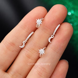 18G 天体星軟骨フープ/スターリングシルバー フープ イヤリング/ムーン ダングル ヘリックス イヤリング/トラガス、ダイス、ルーク、コンク ジュエリー/ローブ ピアス