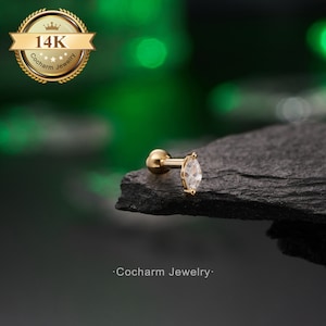16G 14K Gold Tiny Oval CZ Stud, Tragus Jewelry, Helix Stud, Real Gold Stud Earring, Conch Earrings, Forward Helix Earring, Stacking Earring