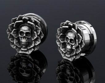 Pairs Skull Ear Gauges/Gothic Tunnel Plugs/Screw Back/Single Flare Tunnel/Stainless Steel Ear Tunnels/Halloween Ear Plugs 00g, 2g, 5/8"