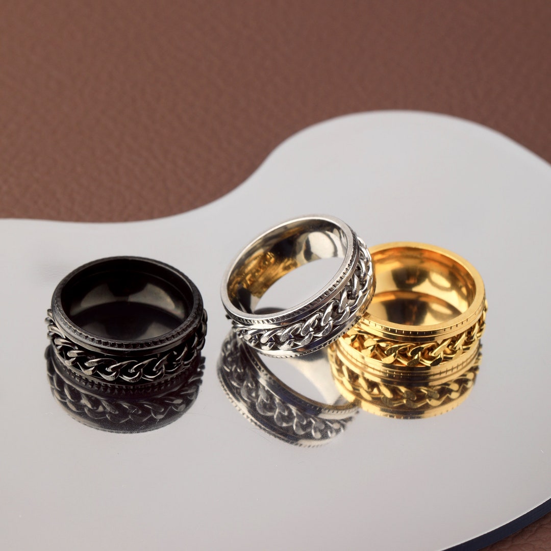 Stainless Steel Band Rings, Men Anxiety Rings, Silver Chain Ring, 8mm