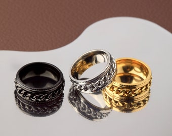 Anillos de banda de acero inoxidable, anillos de ansiedad para hombres, anillo de cadena de plata, anillos gruesos negros de 8 mm, anillo giratorio ancho, oro, negro, plata, regalo para él