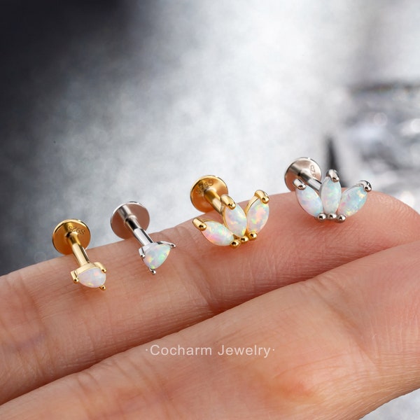 16g Opal Labret Piercing, 925 Silver Helix Earring, Internally Threaded Cartilage Studs, Floral Tragus Earrings, Conch Stud, Minimal Earring