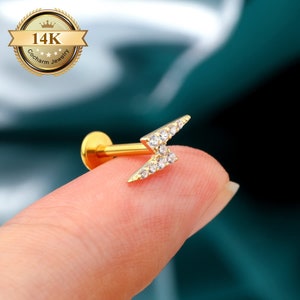 16G 14K Solid Gold Lightning Helix Studs, Push-In Threadless Labret Studs, Cartilage Earrings, Flat Back Earring, Tragus Jewelry, Conch Stud