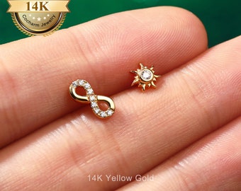 14K Gold Celestial Cartilage Earrings, Threadless Push In Labret Studs, Helix Studs, Gold Tragus Jewelry, Conch Earrings, Flat Back Earrings