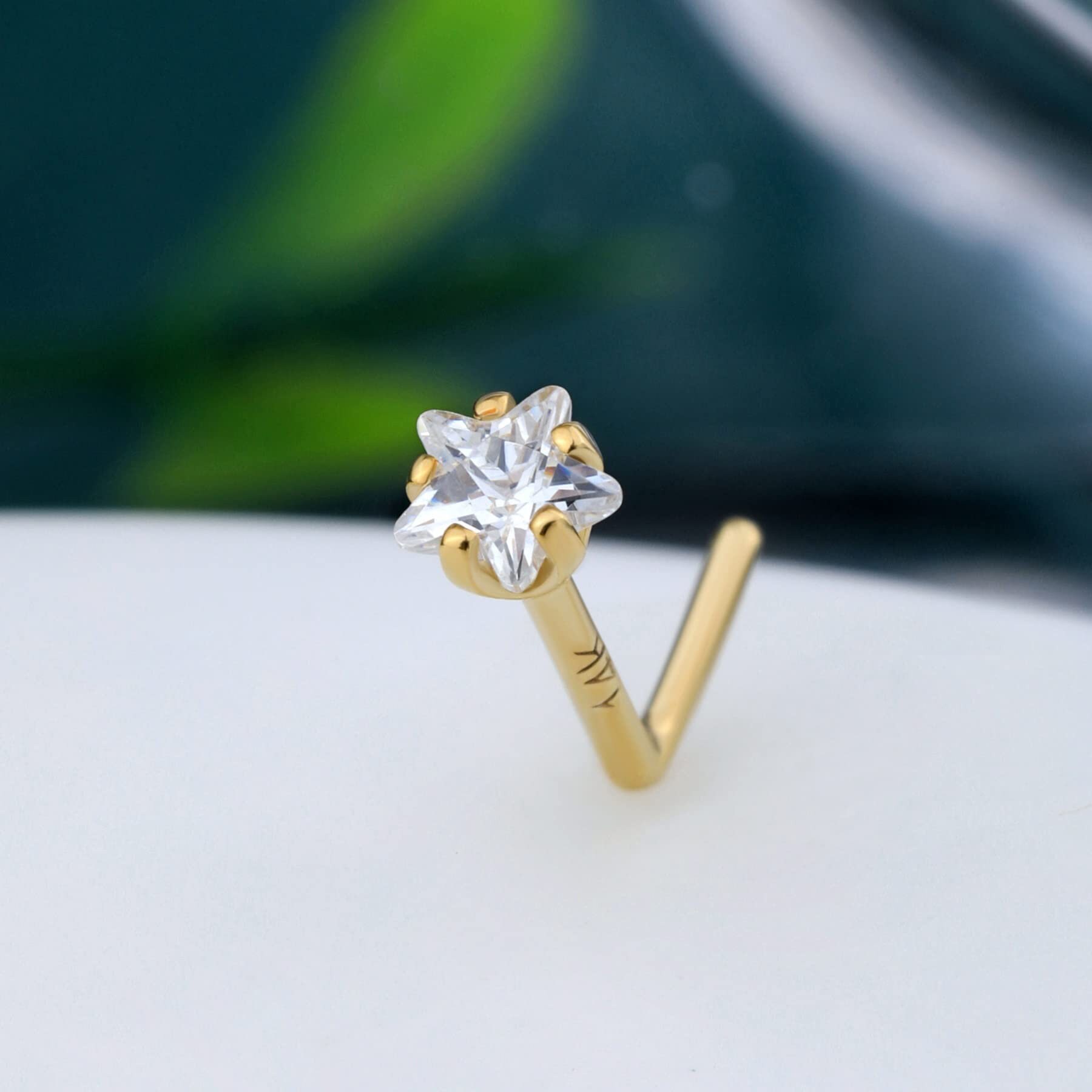 14k Yellow Gold Diamond Nose Ring - 20G Or 18G - L-Shape, Nose Bone Or Screw - Luxe Modz
