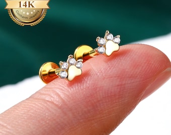 14K Solid Gold Paw Stud Earring,16G Threadless Push In Labret Stud,Flat Back Helix Earrings,Cartilage Conch Studs,Tragus Piercing Stud,1 PCS