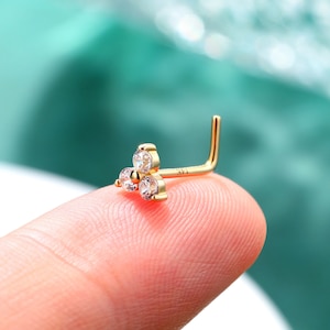 14K ソリッド ゴールド L 字型ノーズ スタッド/フローラル ノーズ ピアス スタッド/20G ゴールド ノーズ リング/L 字型ノーズ リング/4 mm キュービックジルコニア ノーズ ピアス リング