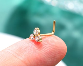 14K Solid Gold L-shaped Nose Studs/Floral Nose Piercing Studs/20G Gold Nose Rings/L-Bend Nose Rings/4mm Cubic Zirconia Nose Piercing Rings