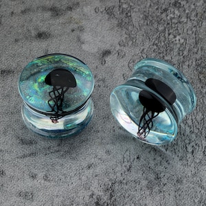 Pairs Glass Jellyfish Plug Earrings/Unique Desigh Glass Gauges/Single Flare Ear Tunnels/Expander Stretchers/0g, 00g Gauge Plugs/ 5/8, 1/2 Black Jellyfish