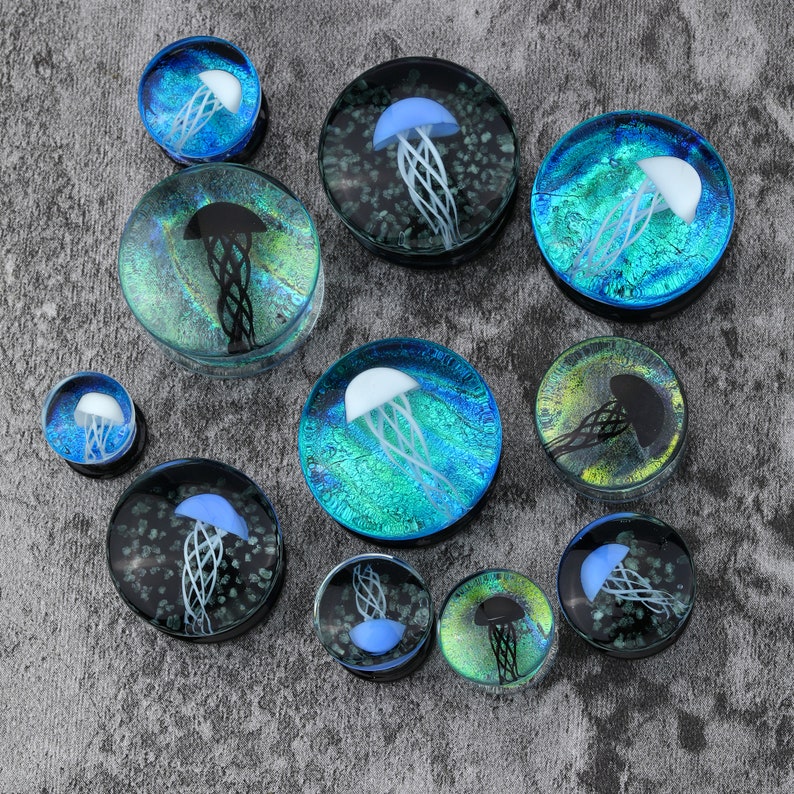 Pairs Glass Jellyfish Plug Earrings/Unique Desigh Glass Gauges/Single Flare Ear Tunnels/Expander Stretchers/0g, 00g Gauge Plugs/ 5/8, 1/2 image 6
