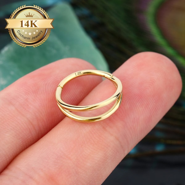 14K Solid Gold Double Row Helix Earring/16G/18G Cartilage Hoop/Hinged Ring/Septum Jewelry/Daith, Conch Ring/Helix Piercings/Christmas Gift