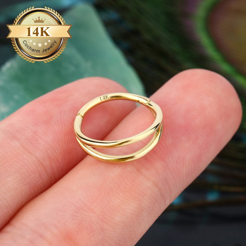 14K Solid Gold Double Row Helix Earring/16G/18G Cartilage Hoop/Hinged Ring/Septum Jewelry/Daith, Conch Ring/Helix Piercings/Christmas Gift image 1