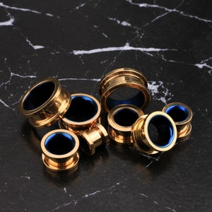 2PCS Gold Ear Tunnels/Flesh Tunnels/Ear Plugs/Surgical Steel Ear Gauges/Gauge Earring/Screw Back Gauges/Earlobe Stretcher Earrings image 1