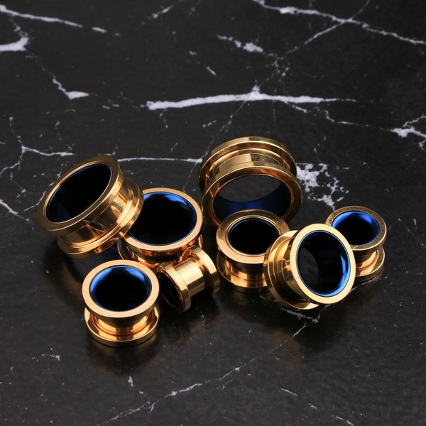 2PCS Gold Ear Tunnels/Flesh Tunnels/Ear Plugs/Surgical Steel Ear Gauges/Gauge Earring/Screw Back Gauges/Earlobe Stretcher Earrings