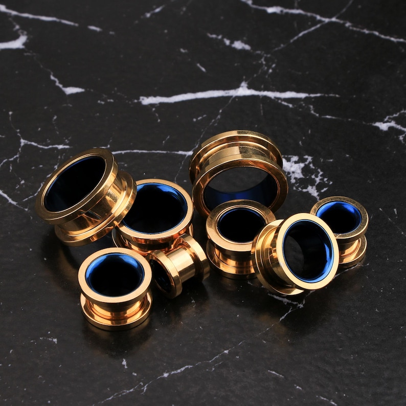 2PCS Gold Ear Tunnels/Flesh Tunnels/Ear Plugs/Surgical Steel Ear Gauges/Gauge Earring/Screw Back Gauges/Earlobe Stretcher Earrings image 1