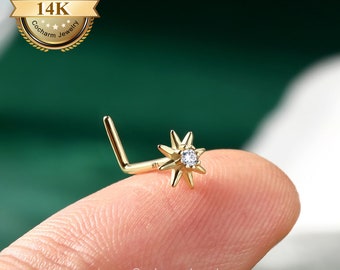 20g 14k Gold Celestial Sun Nose Stud, L Shaped Nose Ring, Nostril Piercings, L Bend Nose Ring Stud, CZ Nose Piercing Jewelry for Women, Gift
