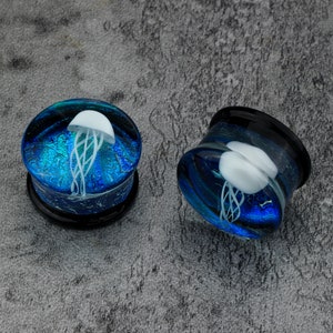 Pairs Glass Jellyfish Plug Earrings/Unique Desigh Glass Gauges/Single Flare Ear Tunnels/Expander Stretchers/0g, 00g Gauge Plugs/ 5/8, 1/2 White Jellyfish