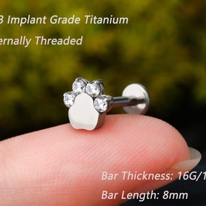 16G Paw Helix Earring Flat Back/Solid Titanium Cartilage Studs/Conch Piercings/Internally Threaded Labret/Opal Helix Studs/Tragus Jewelry