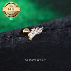 14K Gold Leaf Tragus Jewelry, 16G/18G Threadless Push In Labret Studs, Flat Back Cartilage Earrings, Helix Conch Jewelry, Gold Stud Earrings