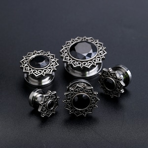 Pairs Black Gem Ear Plugs/Vintage Gauge Plugs/Flower Plug Earring/Stainless Steel Plugs and Tunnels/Single Flare Ear Tunnel/2g Ear Expander