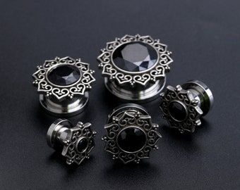 Pairs Black Gem Ear Plugs/Vintage Gauge Plugs/Flower Plug Earring/Stainless Steel Plugs and Tunnels/Single Flare Ear Tunnel/2g Ear Expander